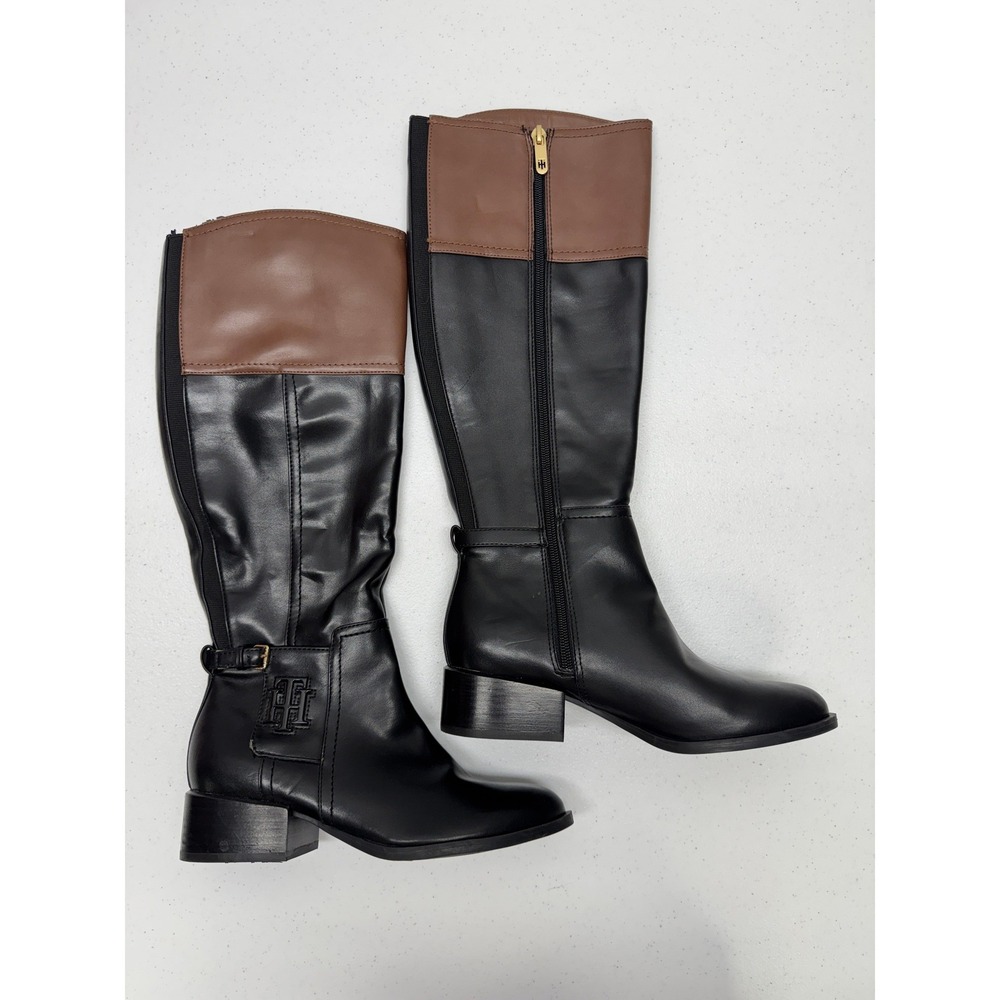 Tommy Hilfiger Merritt Boots Women 6M Black Brown Riding Two Tone Block Heel - Picture 1 of 7
